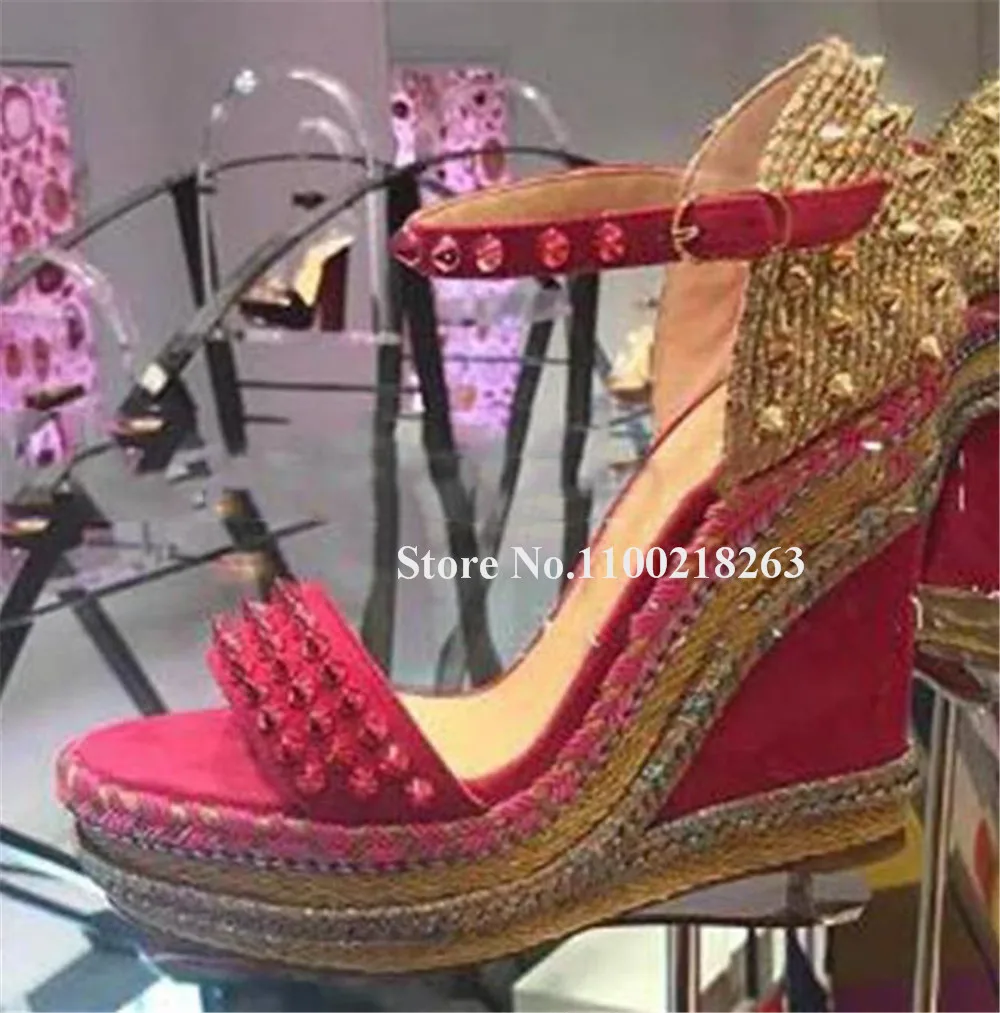 Designer Rivets Wedges Sandals Sexy Open Toe Metal Studs Black Gold Patchwork High Platform Plaited Spikes Wedges Wedding Heels