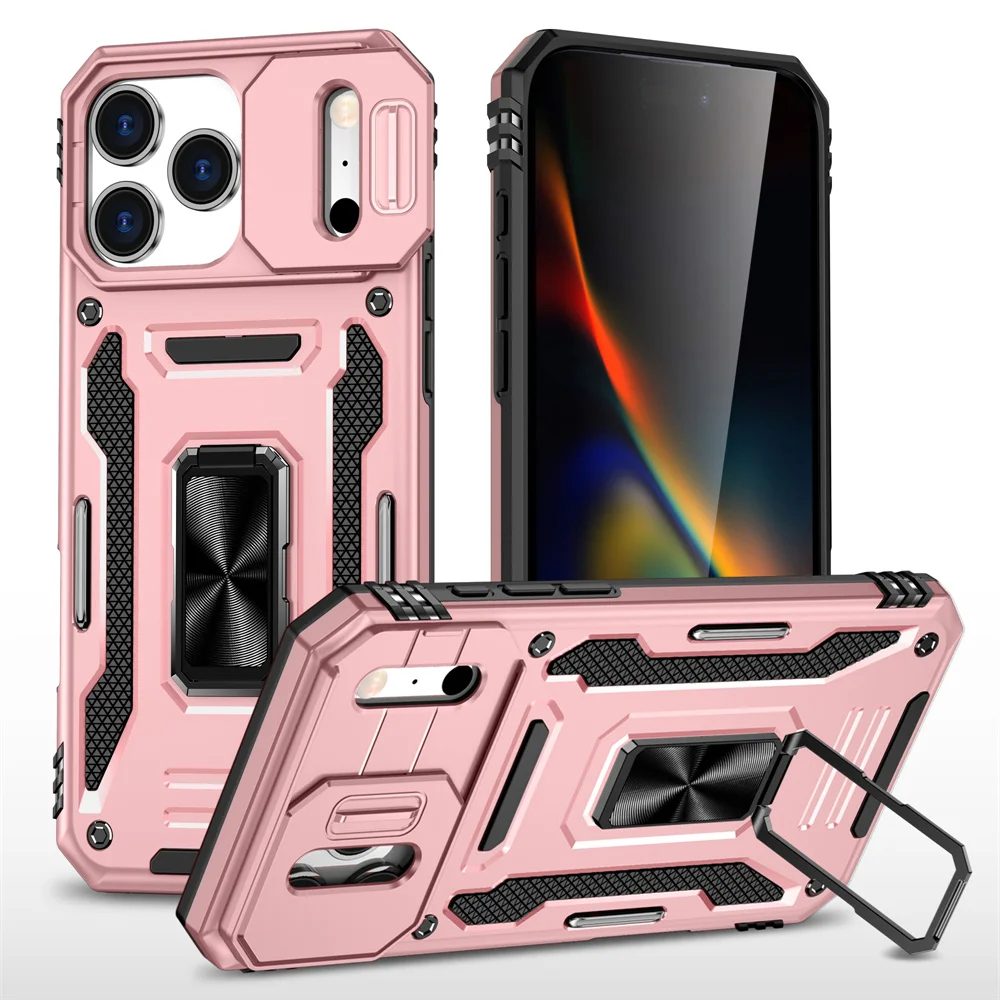 Rotating Magnetic Phone Case with Slide Camera Protector and Ring Stand Cover
