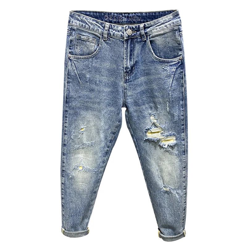 

Hip Hop Jeans Men Light Blue Stretch Harem Pants Destroyed Moto Biker Jeans Men's Cropped Trousers Top Quality Pantalones Hombre