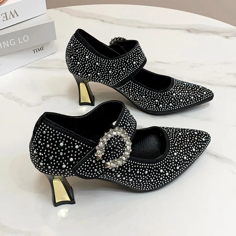 Pearl Crystal High Heel Women's Shoes 2024 New Fashion Hot Sales Buckle Dress Women Pumps Elegant Woman Heeled Mary Jane Lolita