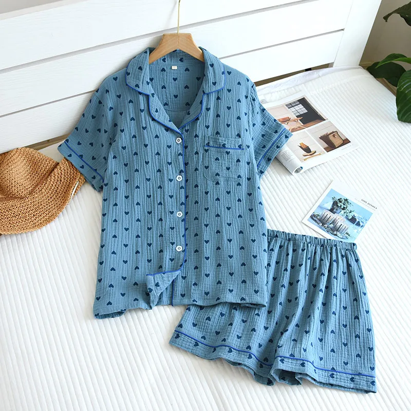 New summer women's pajamas short-sleeved shorts two-piece set 100% cotton crepe loungewear cute love breathable large size suit