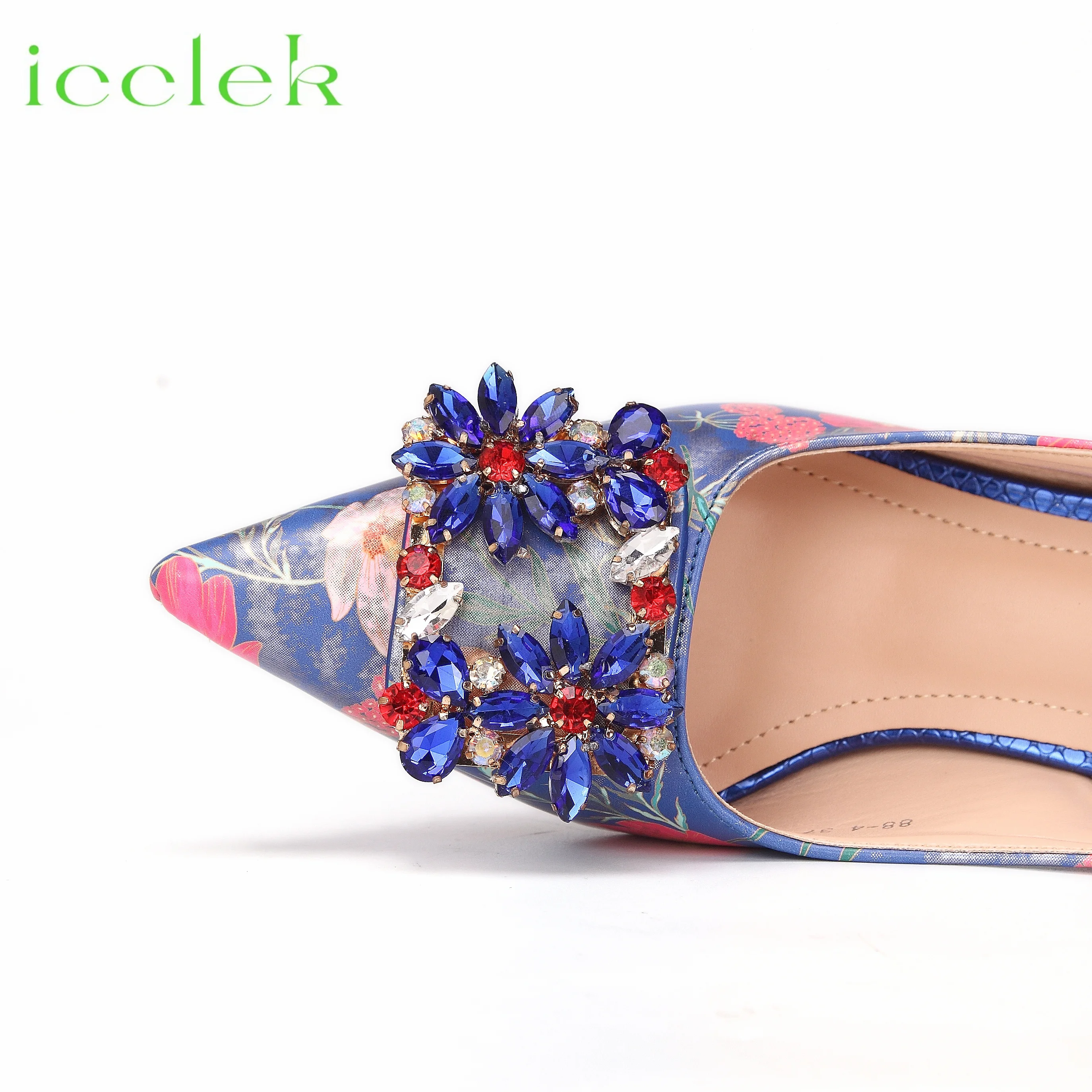 Women High Heels Sandals Printing Flower Material with Rhinestone Italian Design Coffee Color Pointed Toe Shoes and Bags Set