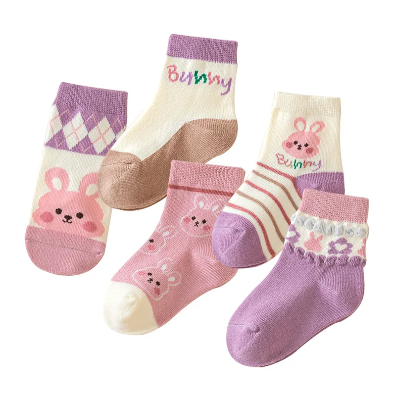 Kids Socks 5 Pairs Cute Baby Girls Spring Autumn Cartoon Children Socks Infant Toddler Boy 1-12 Years