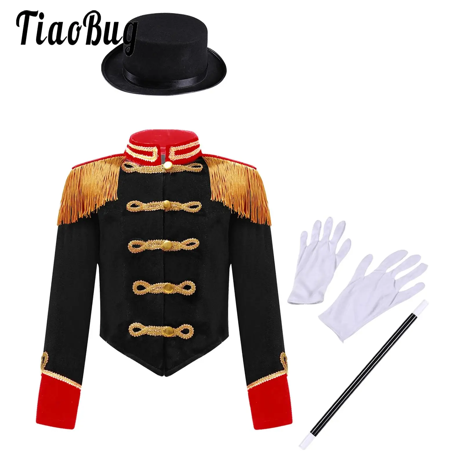 

Boys Girls Circus Ringmaster Jacket Cosplay Performance Halloween Costume Long Sleeve Tassel Magician Coat Hat Magic Wand Gloves