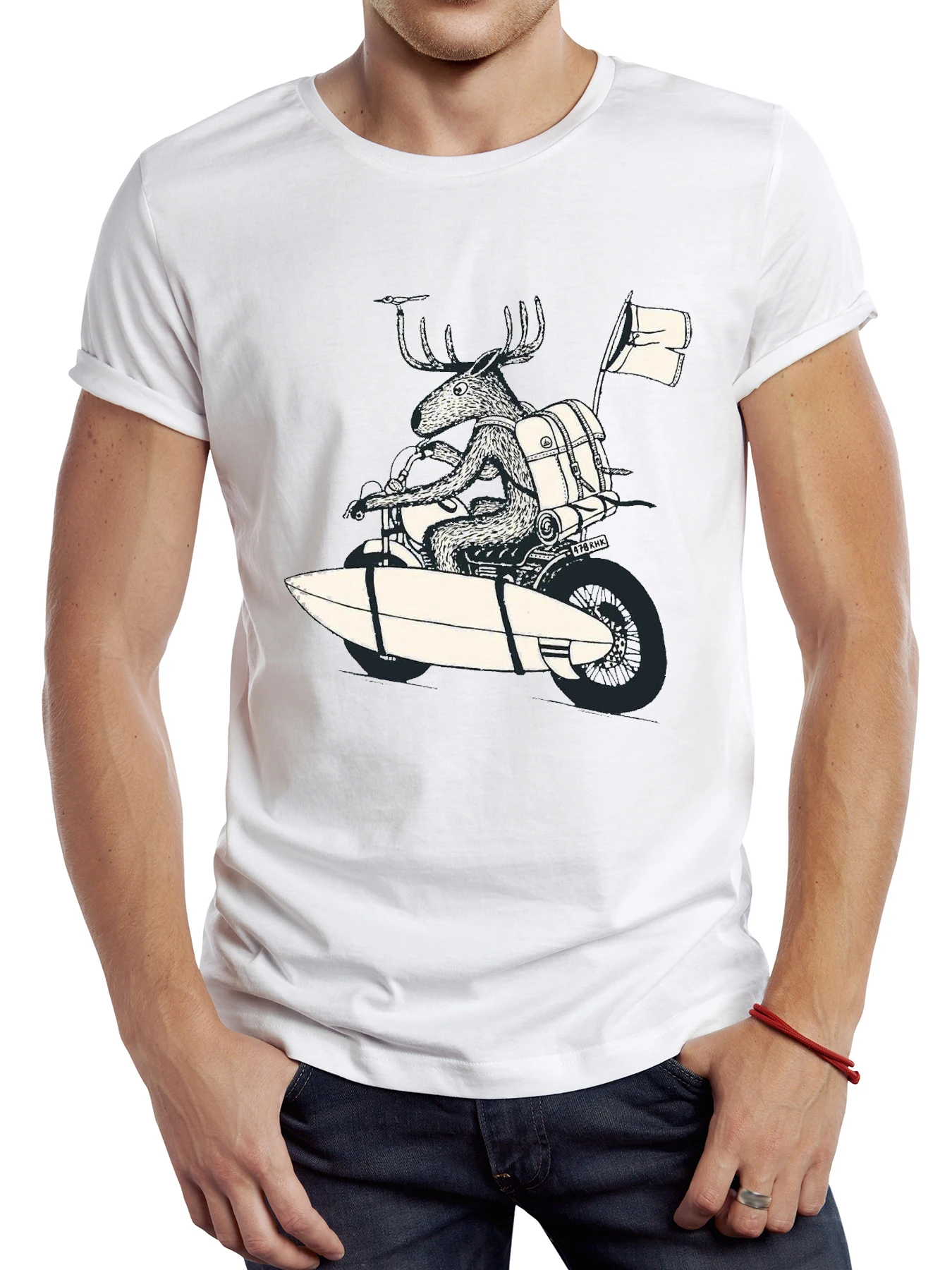 Teehub Retro Motorrad mit Surfbrett Männer T-Shirt Grafik Hirsch Reiter Sport Stoff Vintage gehen Surfen Casual Tops Hipster T-Shirt