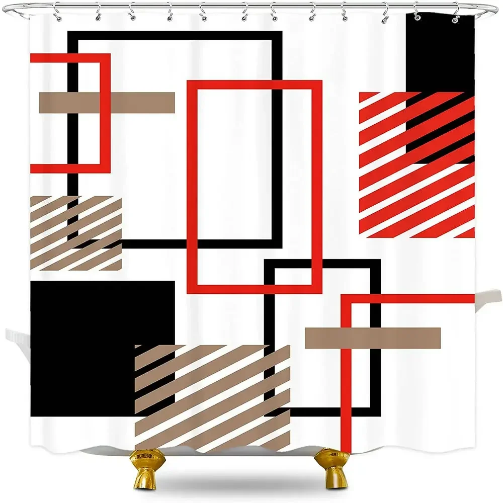 

Абстрактная Геометрическая занавеска для душа, Современная Минималистичная черная, красная линия, экран в эстетике, квадратная форма, декор для ванной комнаты