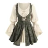 ROSEGAL Plus Size New Trend Women's Long Sleeve Top With Chain Buckle Color Block Textured Lace Up Panel Poet Sleeves T-Shirt