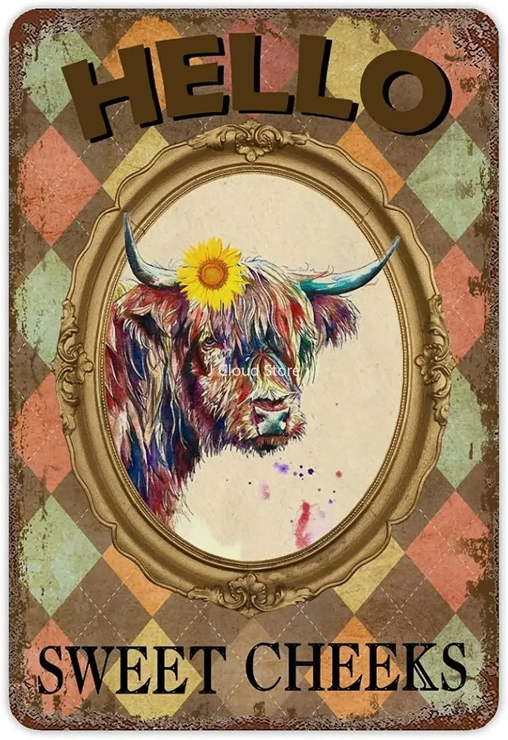 

Diamond Retro Metal Sign Cattle Sunflower Hello Sweet Cheeks Tin Plaque Vintage Bathroom Sign Wall Door Plaque Signag