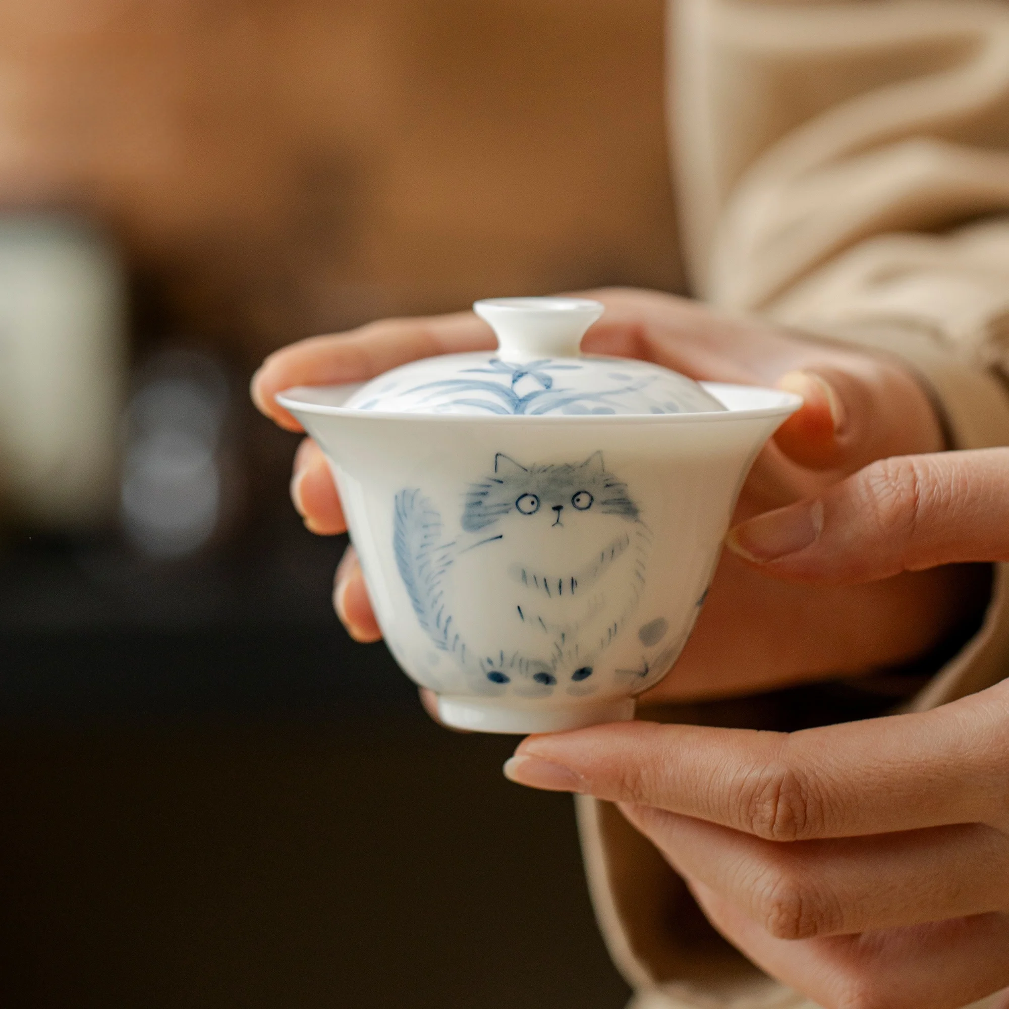 Hand Painted Cute Cat Jade Porcelain Gaiwan Set For Tea Chinese White Tureen Bowl Kung Fu Tea Chawan Cups Tea Ceremony