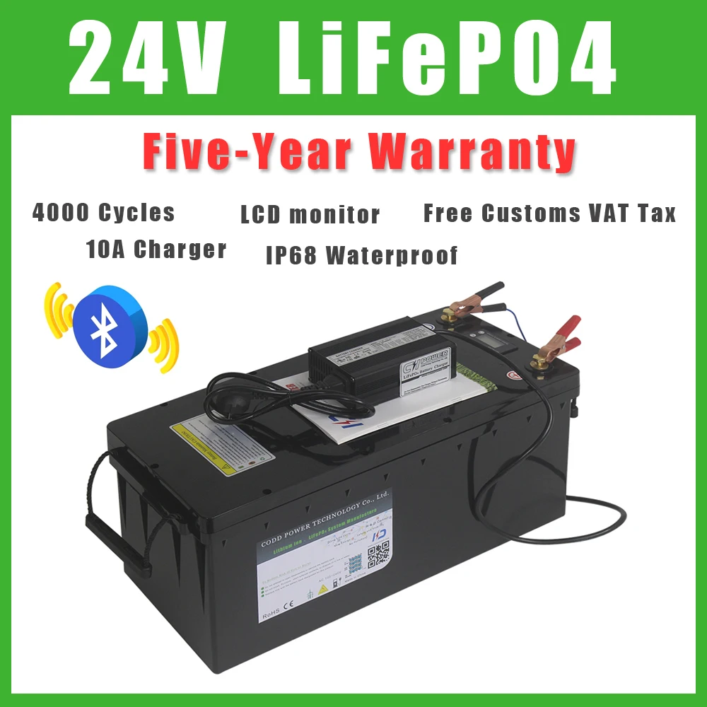 24V100AH200AHLiFePO4BatteryBluetoothBMSLCDWaterproofRVSolar