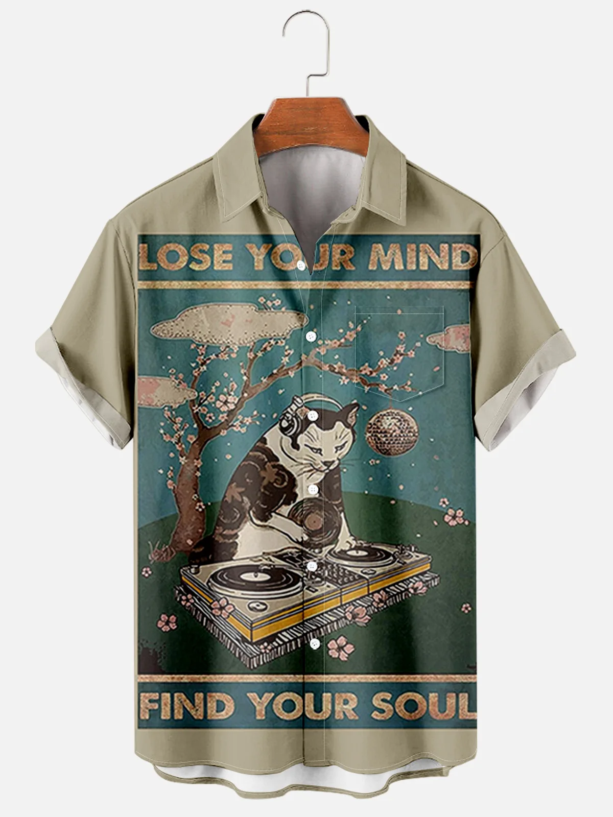 2022 Summer Men Hawaiian Hip Hop Loose Cat Print Shirts Lapel Short Sleeve Button Up Casual