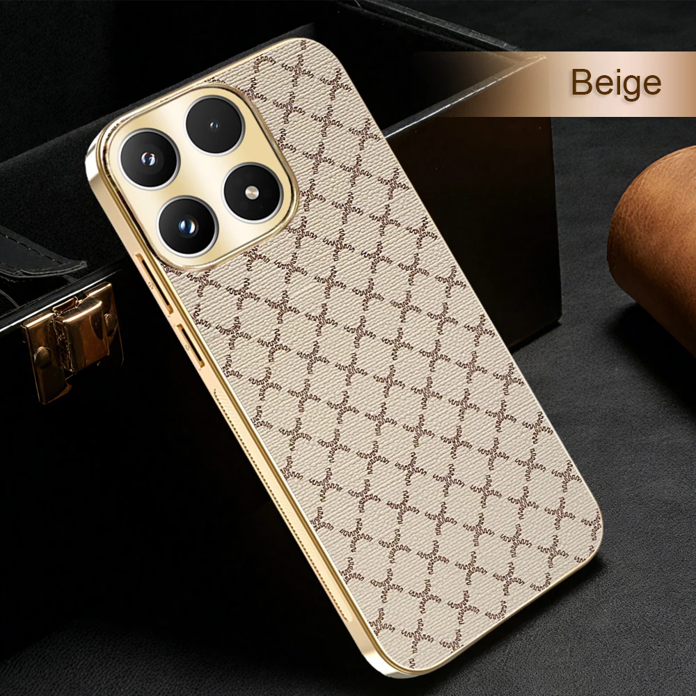 Retro Grid Pattern Leather Phone Case with Gold Plating Frame