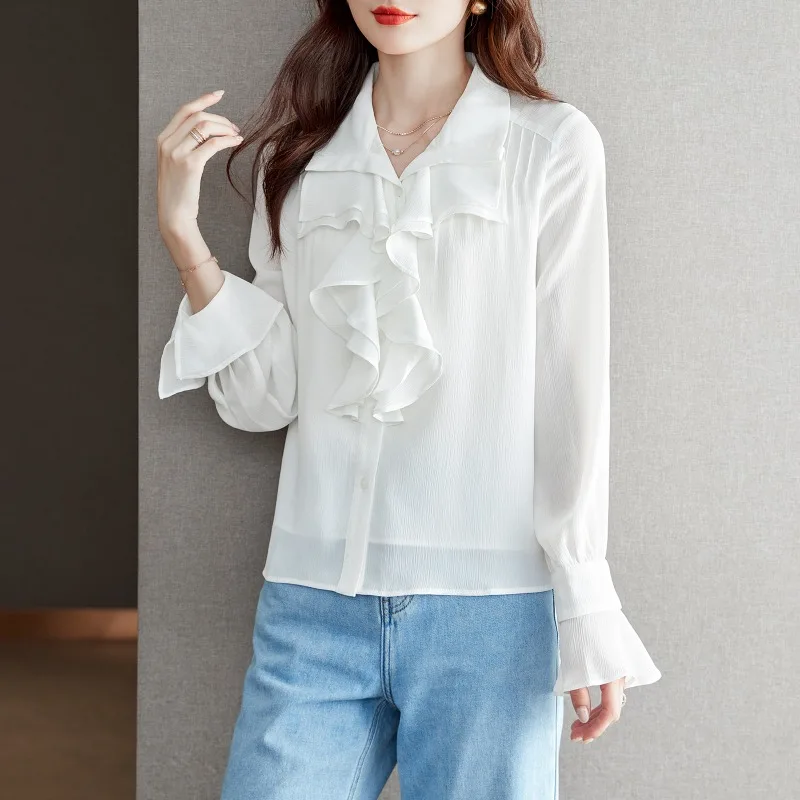 

Elegant Fashion Long Sleeve Button Up Shirt White Shirt Women Tops Sweet Ruffles Blouse Office Lady Autumn New Clothes 28768