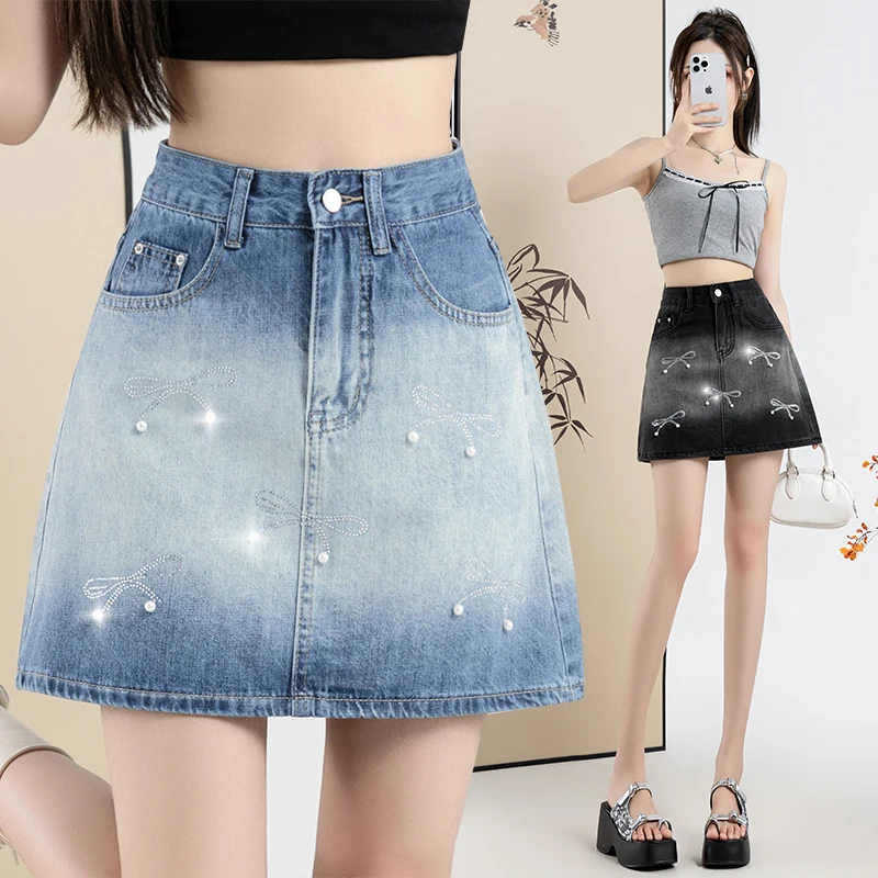 

Bow Tie Studded Denim Skirt for Women's 2024 Summer New Korean High Waisted Gradient Color Matching A-line Skirts Female Clothes