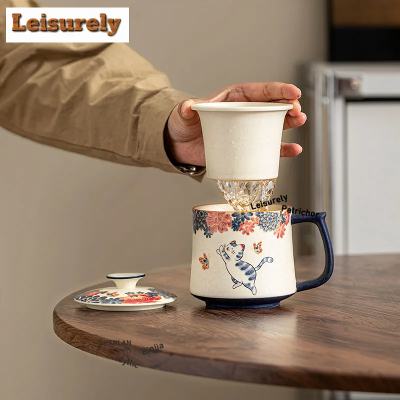320ml Hand Painted Little Cat Rock Mineral Filter Tea Separator Cup Ancient Tea Mug With Infuser Tea Brewing Office Water Cup