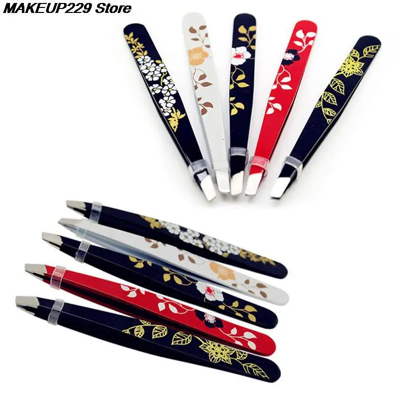 1pc Stainless Steel Eyebrow Tweezer Flower Printed Eyebrow Tweezer Slant Tip Hair Removal Makeup Tool 3