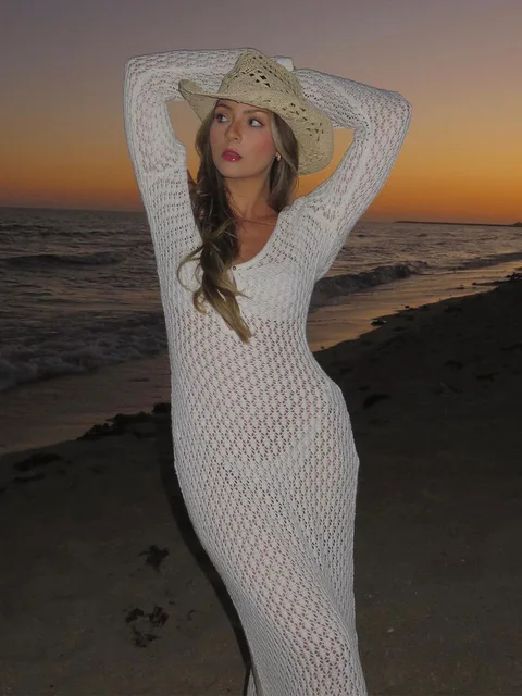 Sexy Women White Long Knit Sleeve Bikini Fashion Cover-Up 2