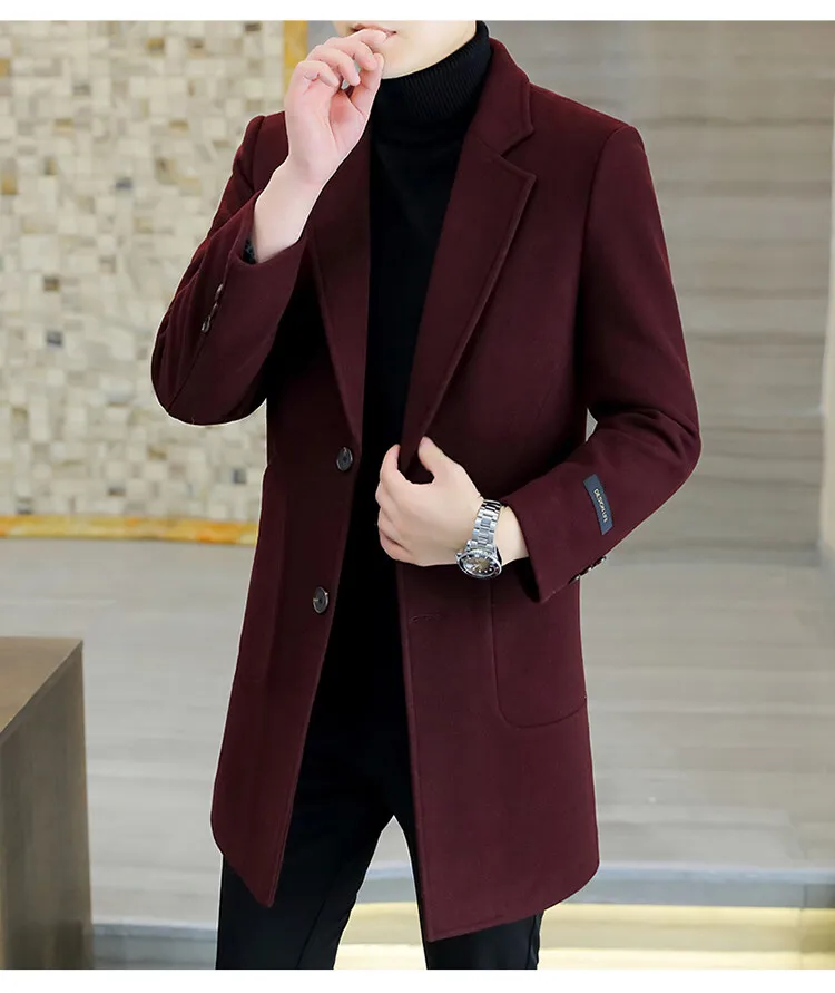 Business Casual Herren Mittellange Wollmäntel Herbst Winter Klassischer Dicker Warmer Woll-Überzieher Einfarbige Winddichte Jacken – Detail 17