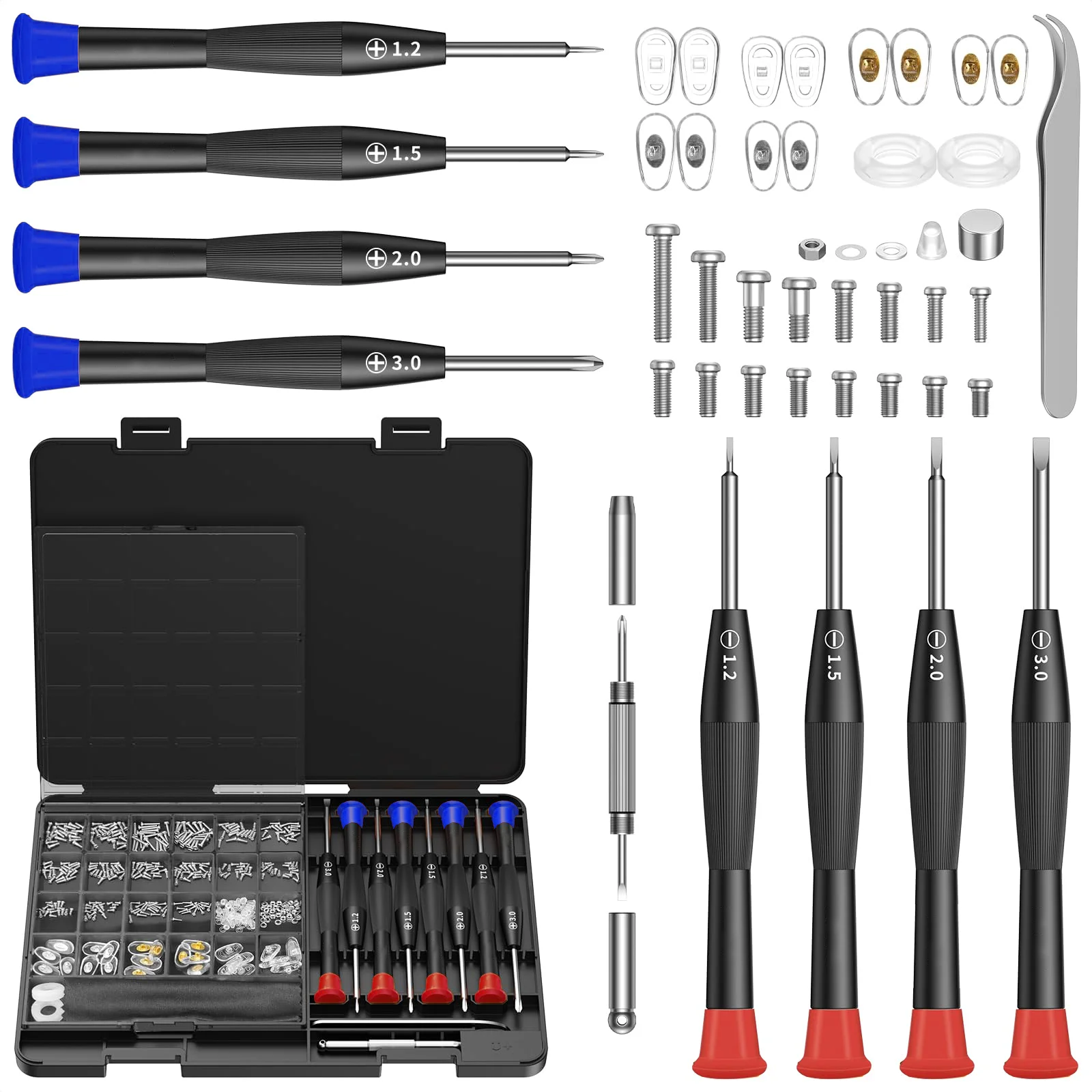 Brillenreparatur-Werkzeugsatz mit Schrauben, Nasenpads, Pinzette, Reinigungstuch und Präzisionsschraubendreher für Brillen, Sonnenbrillen – Detail 6