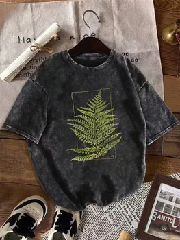Vintage Washed T-shirt with Fern Leaf & Botanical Print - Soft Relaxed Fit Short Sleeve Round Neck Casual Top,Fern Leaf Shirt 1