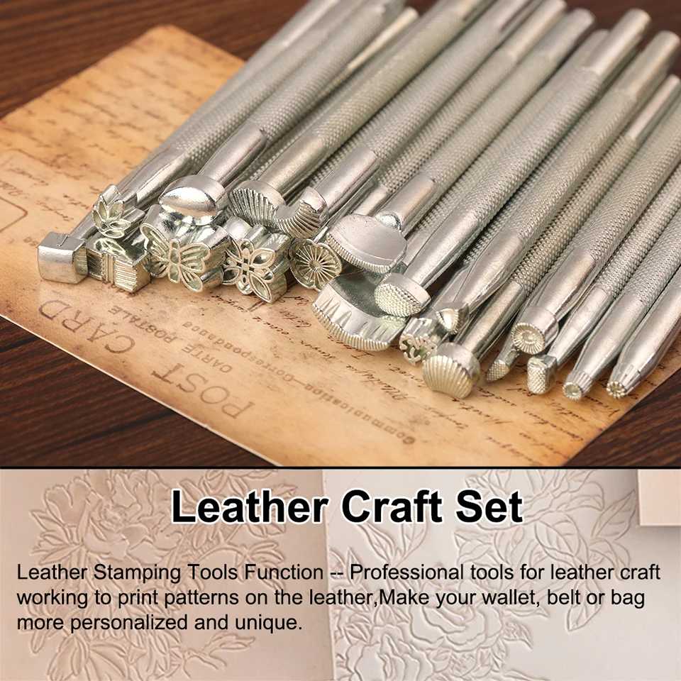 20Pcs Leather Carving Tools Leather Stamping Tools Metal Processing Saddle Stamping Set Wooden Craft Rack Kit
