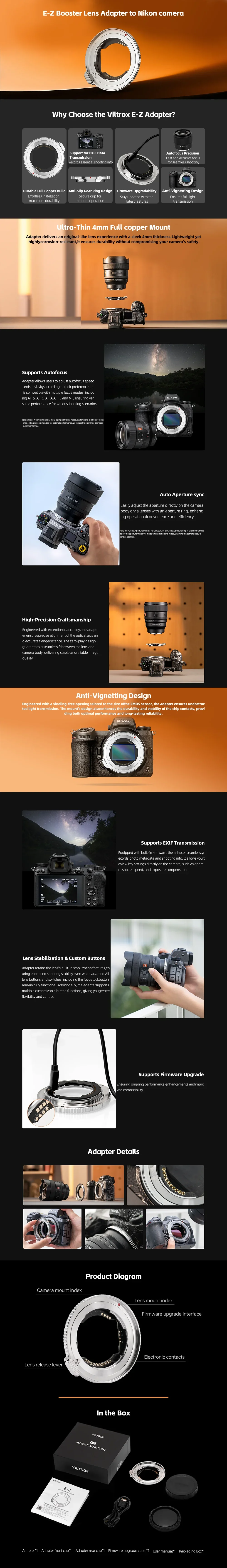 Viltrox E-Z AF Lens Mount Adapter for Sony E-mount Lens Adapter Z-mount Mirrorl