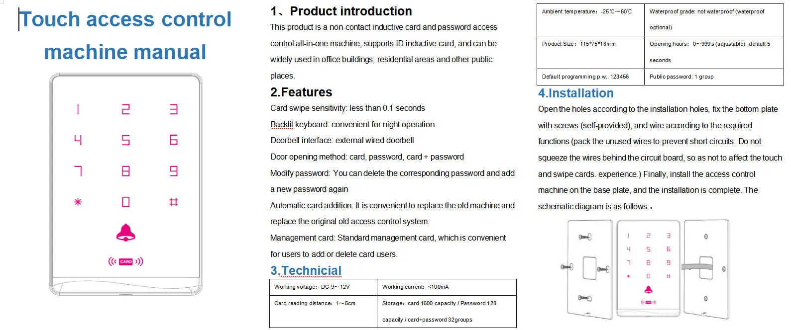 T2DC RFID Access Control Keypad RFID Reader 125Khz+13.56Mhz Mi-fare all Support