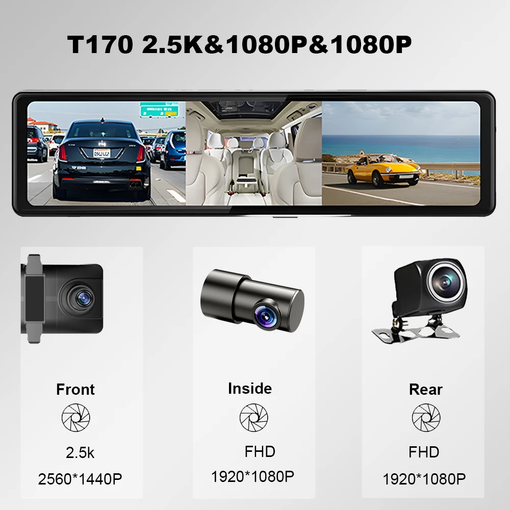 Car Dash Cam HGDO 3 Channel Dash Cam with Mount 2.5K GPS WIFI CarPlayRecorder Android Auto DVR Rear View Mirror Camera 24H Parking monitor
