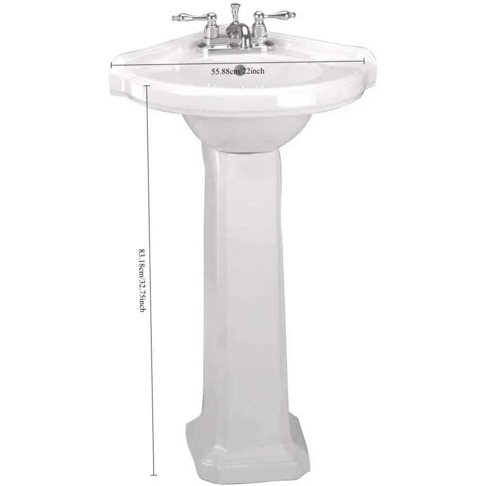 22" Corner Pedestal Bathroom Sink in White, with Overflow and Pre-Drilled 4" Centerset Faucet Holes  Porcelain Scratch 3