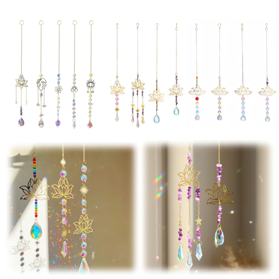 1Piece Natural Crushed Stone Amethyst Lotus Flower Pendant Rainbow Maker Window Decoration Pendant Suncatcher Gardening Crafts