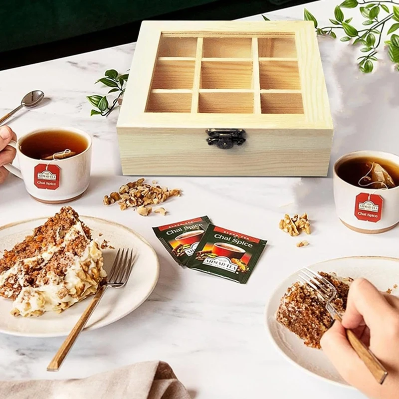 Tea Storage Box With 9 Compartments Transparent Glass Top Multifunctional Storage Box That Can Store Various Tea Bags Durable tea tin box,tea canister