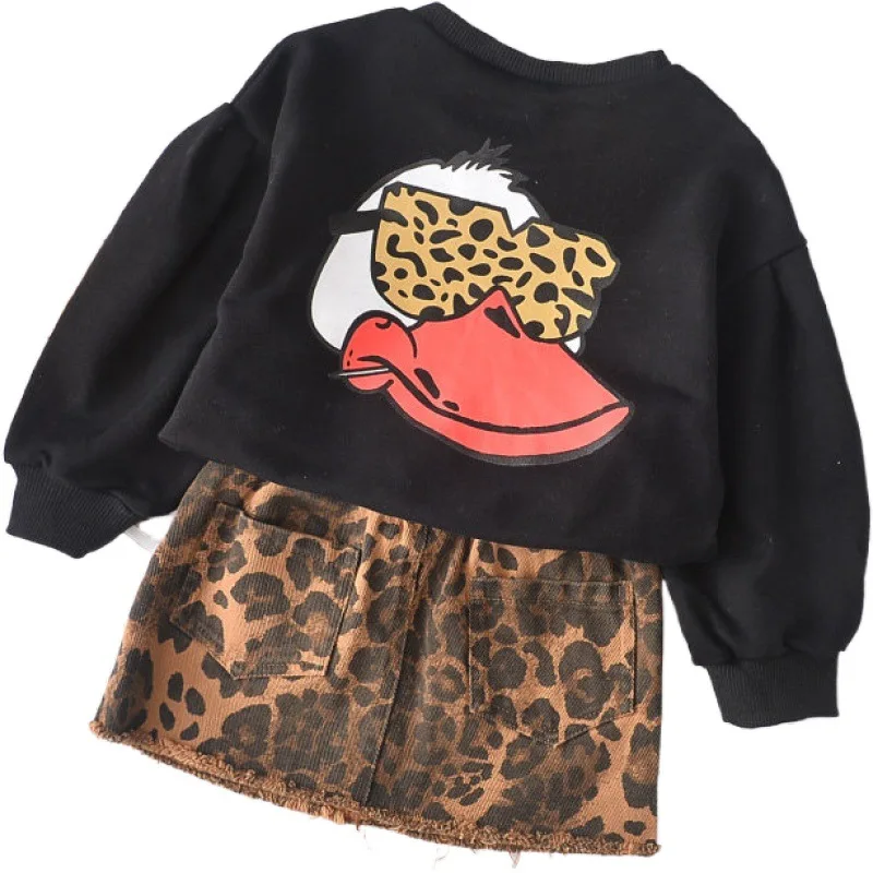 

Girls Clothes Sets Kids Leopard Sweatshirt+Skirt 2pcs Suit Autumn Duck Print Costume 2 To 8Yrs Children's Clothing Korean Style