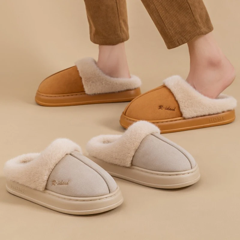 2025 Winter Platform Cotton Slippers Women Letters Thick Bottom Warm Plush Slides Woman Comfortable Fluffy Couple Home Shoes