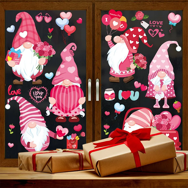 

9Pcs Valentine's Day Window Glass Stickers Cute Dwarf Glueless Electrostatic Sticker Efrigerator Sticker Home Decor