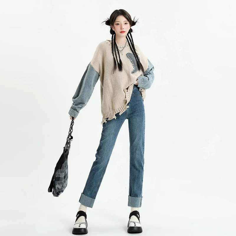 

Korean Fashion Girls Cotton Spandex Denim Pants High Waist Straight Legs Vintage Blue Women Pants