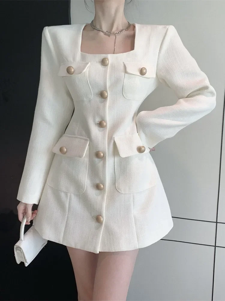 

French Elegant Fashion Short Dresses For Women 2023 Korean OL Long Sleeve Single-breasted Slim Dress Party Vestido Feminino Robe