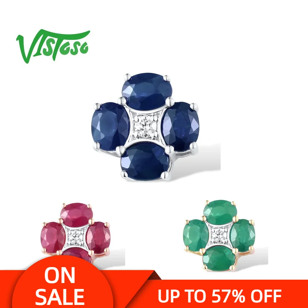 VISTOSO Gold Pendants For Women Authentic 14K 585 White Yellow Rose Gold Blue Sapphire Emerald Ruby Round Pendant Fine Jewelry