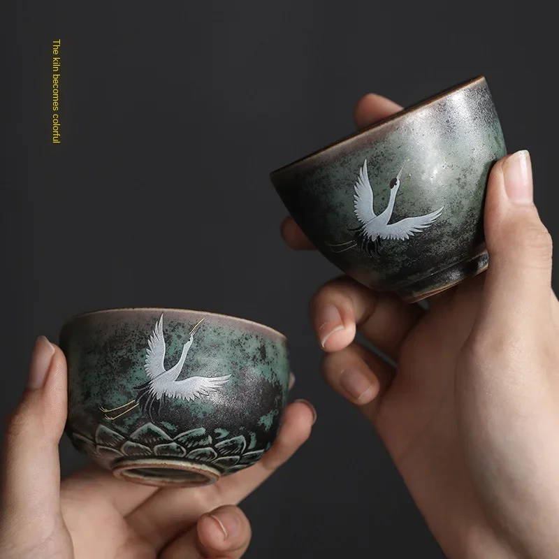 Tea Cup Rui Ching Cheung Crane Tea Cup Handmade Stoneware Kiln Baked Retro Teacup Personal Master Cup Teacups Tea