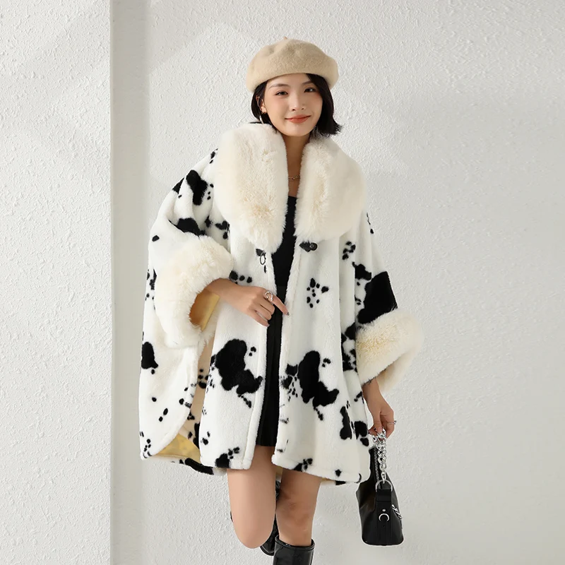 4 Colors Lady Loose Faux Fur Woolen Leopard Capes Women Winter Warm Thicken Batwing Sleeves Loose Cloak Streetwear Overcoat