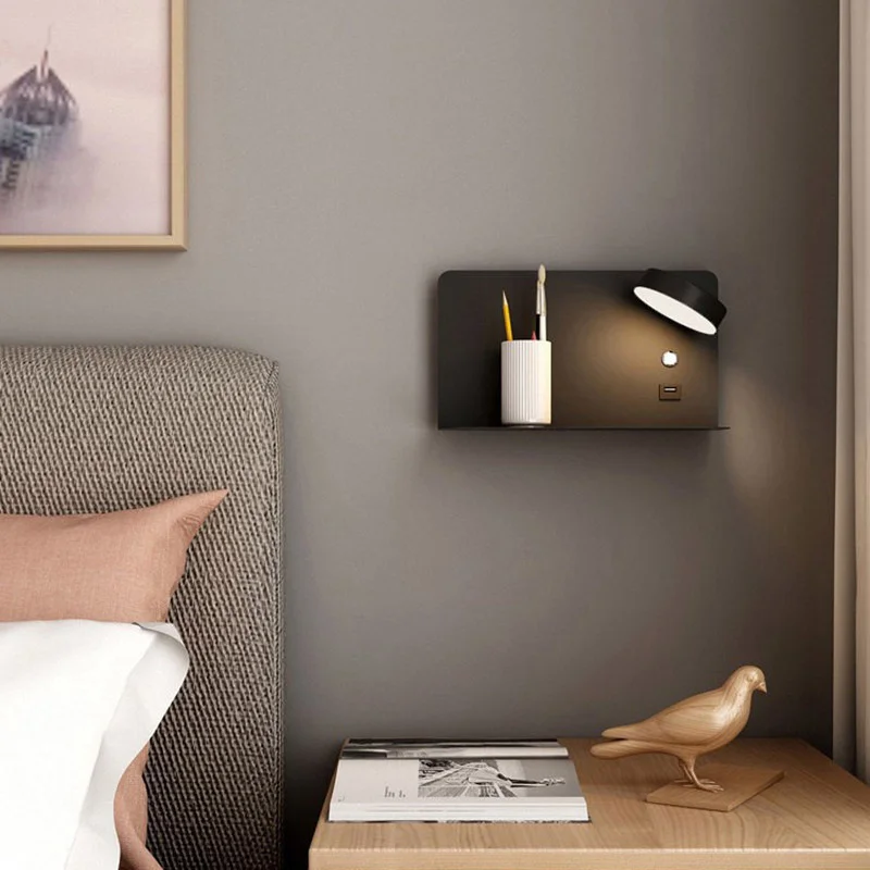 Modern Bedside Wall Lamp With Shelf LED 5W/7W White Black Simple Bedroom Wall Lights With Switch USB Charging Sconce Fixtures 3