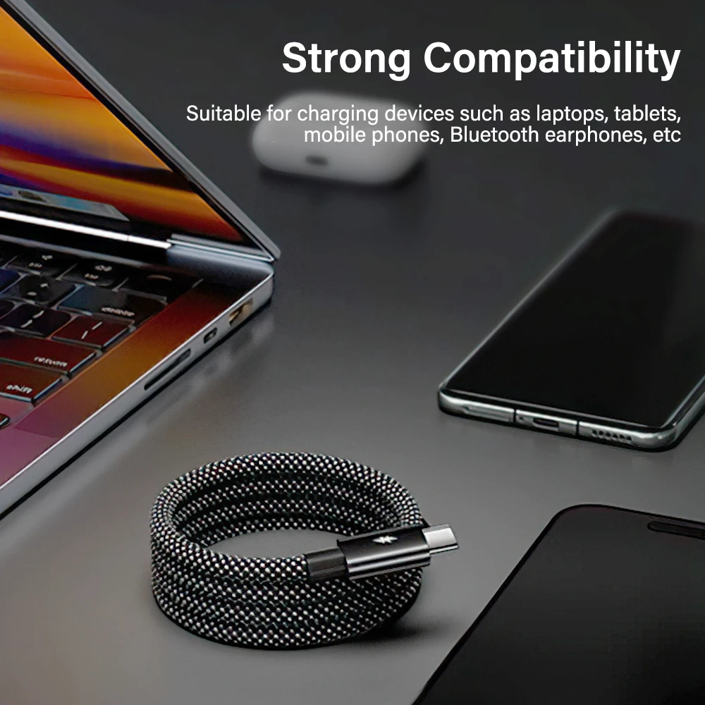 27W 100W 마그네틱 타입 C USB to iOS 케이블, 아이폰 15 14 16 Pro Max, 삼성 S25, 구글 마그넷 스토리지용 코일형 고속 충전 케이블