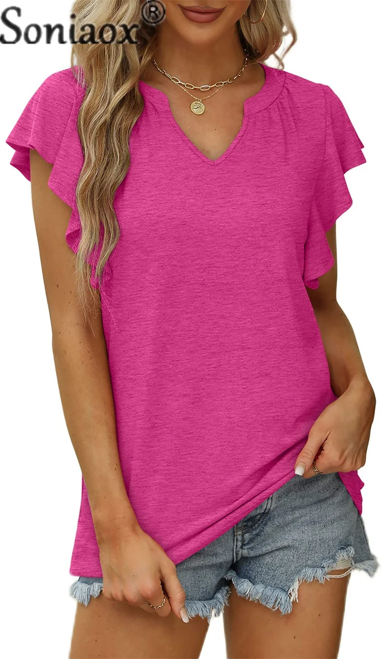 

Elegant Print Solid Color Tops Women's Sexy V-neck Ruffle T-Shirt Female Summer Fresh Style Daily Casual Walk Short Sleeve Tees