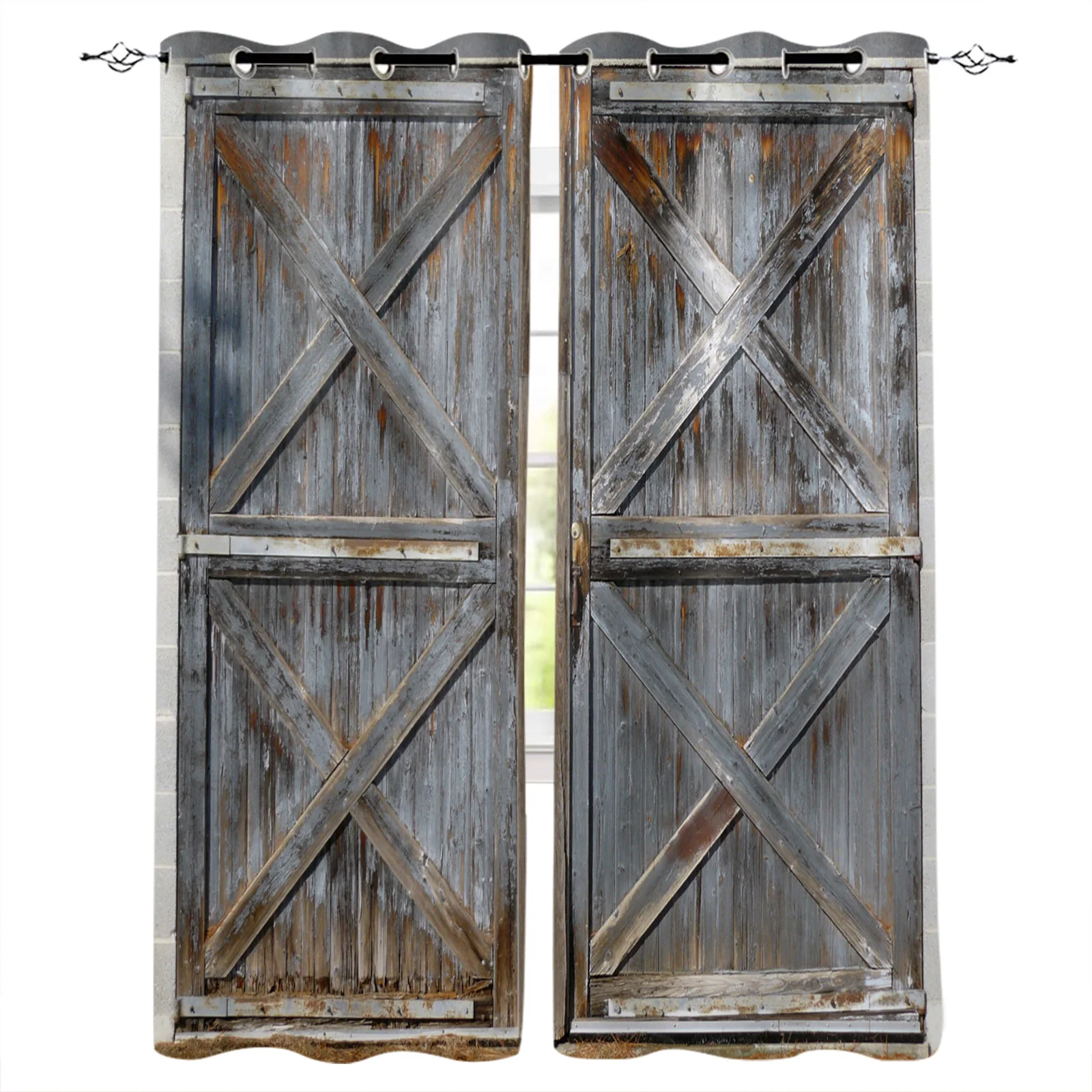 

Brown Wood Plank Door Retro Blackout Curtains Window Curtains for Bedroom Living Room Decor Window Treatments