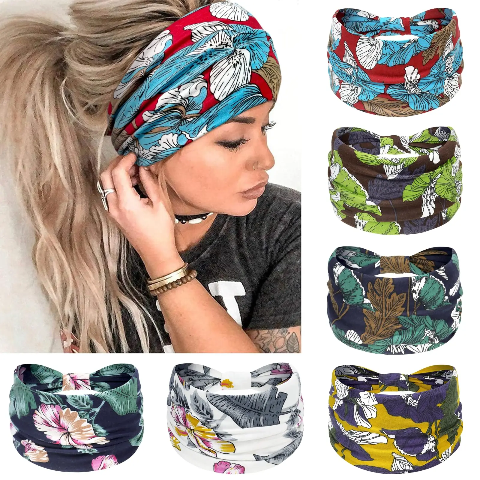Boho-Stirnbänder für Damen, Baumwolle, breite Stirnbänder, Stretch-Haarband, rutschfest, für Workout, Yoga, Laufen, Turban, Kopfbedeckung, Haar-Accessoires – Detail 2