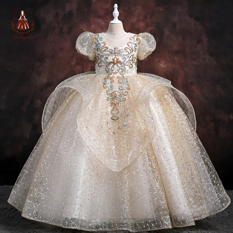 

Yoliyolei Fluffy Luxury Ball Gown Flower Girl Dress for Wedding Shining Sequin Tulle Floor Length Dress Pageant Gown Costumes
