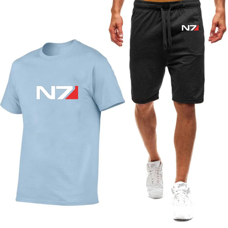 2023 New summer N7 mass effect Logo printing fashion nine-color short sleeves+casual elastic waist sweatpants solid color sports