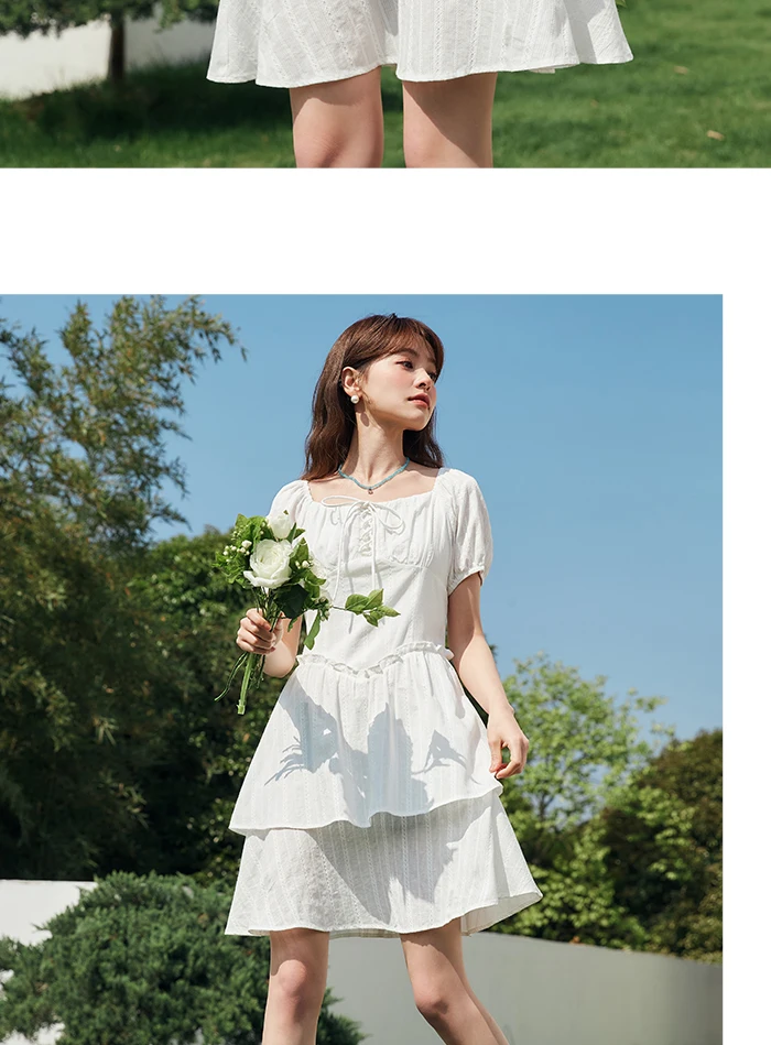 Vestido de mujer con diseño de orillo fibroso, nuevo vestido de verano retro de cuello cuadrado estilo palacio, vestido corto
