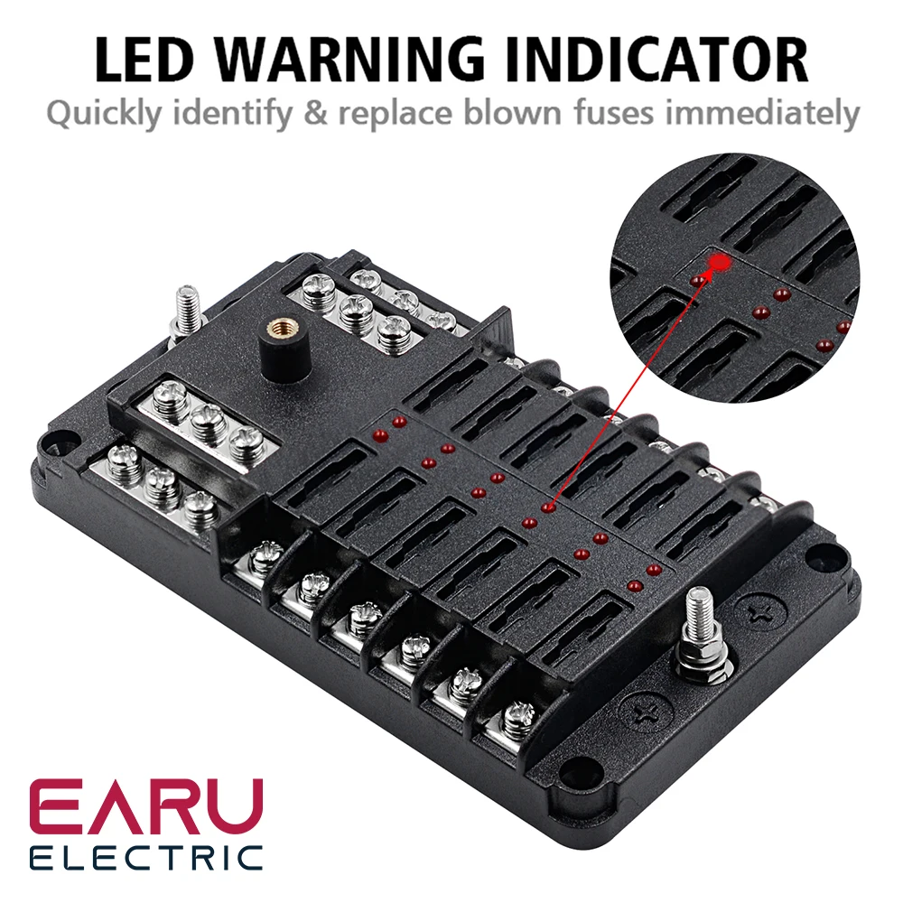 EARU Car boat fuse box bracket Tools small black cap independent positive and negative poles 12 in and 12 out fuse box with LED - Image 2