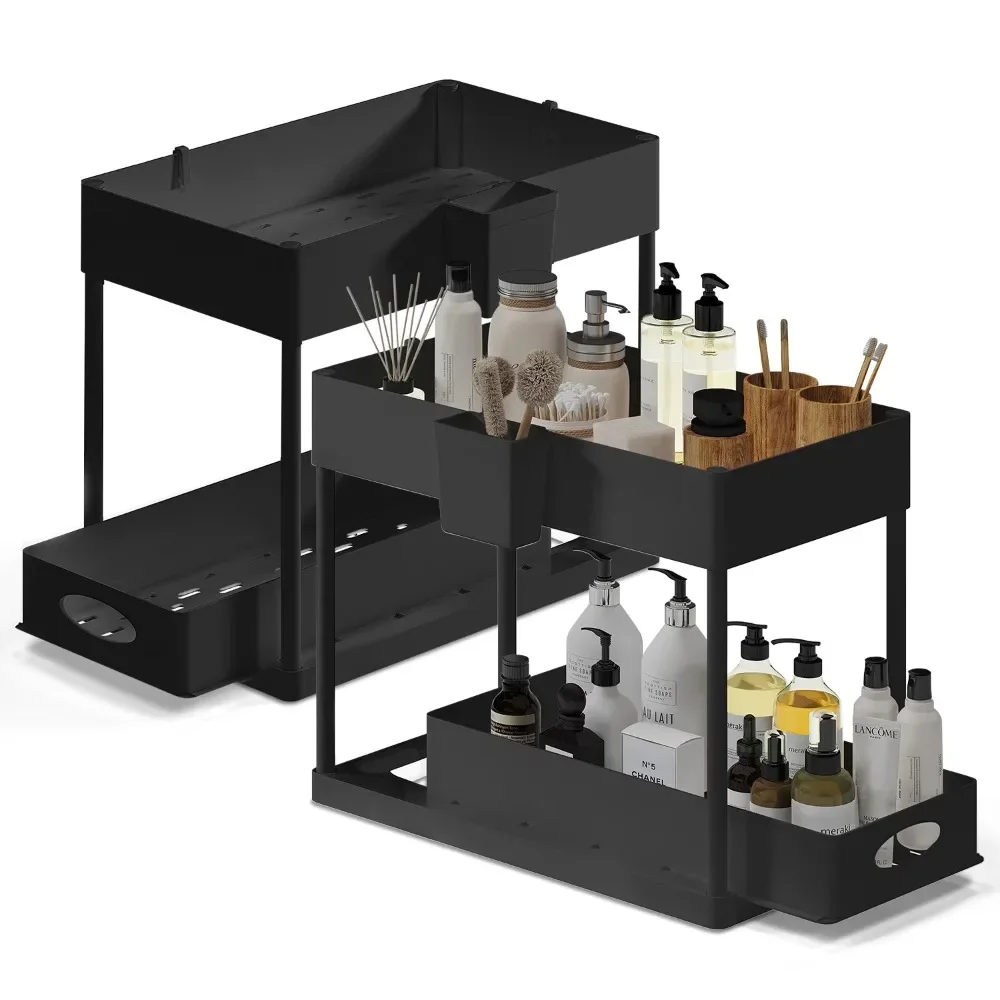 Hearth and Harbor Under Sink Organizer, Bathroom Cabinet Organizer, Utility Hooks and Side Caddy for Under Cabinet Storage, None Slip Grip Under