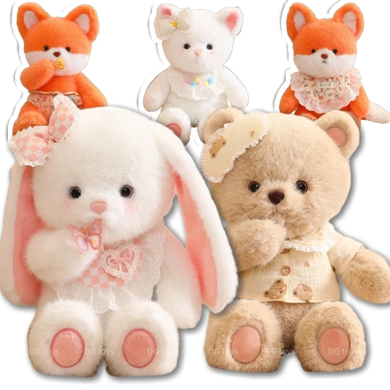 Fluffy Plush White Teddy Brown Bear White Baby Bunny Fox With Bib Dress Cute Yummy Stuffed Animals Cuddly Hug toys